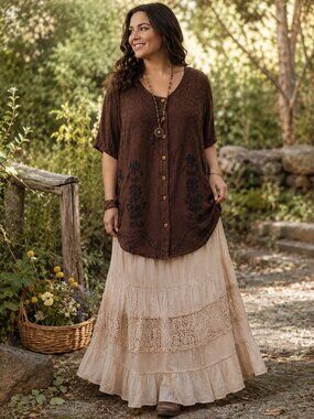 Select 3X Brown Embroidered Rayon Button Front Tunic Dress Boho Plus Size EUC
